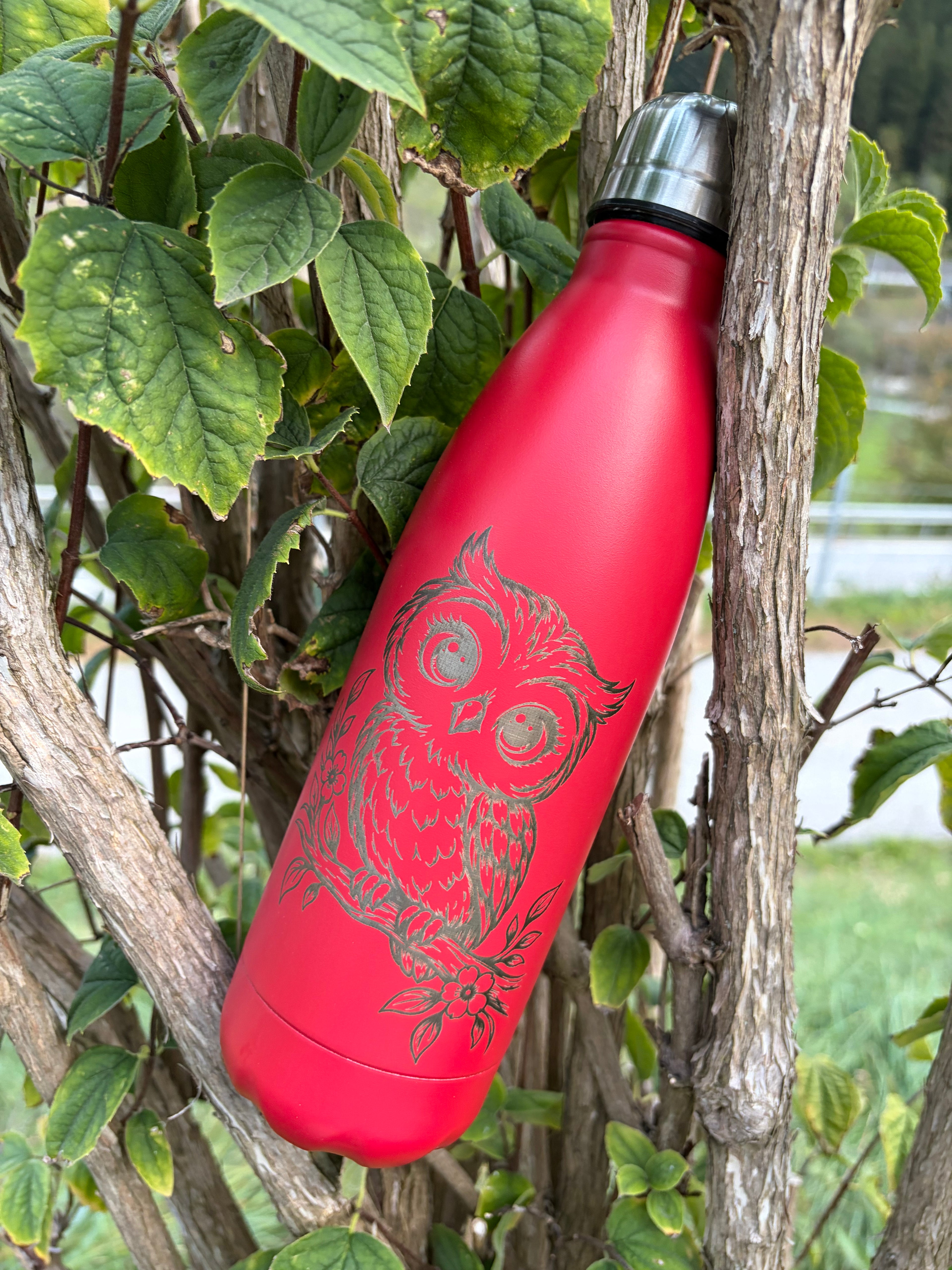 Thermosflasche rot - Eule Gravur